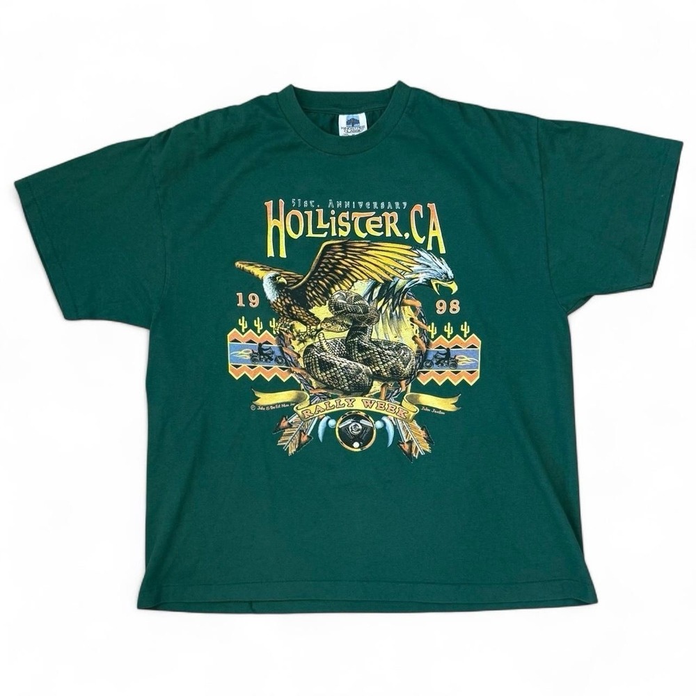 Vintage 1998 Hollister Biker Rally Green Graphic T-Shirt Mens XL Made In USA VTG